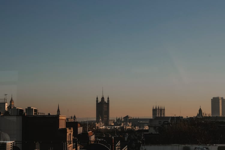 View across the rooftops towards Westminster from the 5th view cafe at Waterstones bookstore in Piccadilly London, England