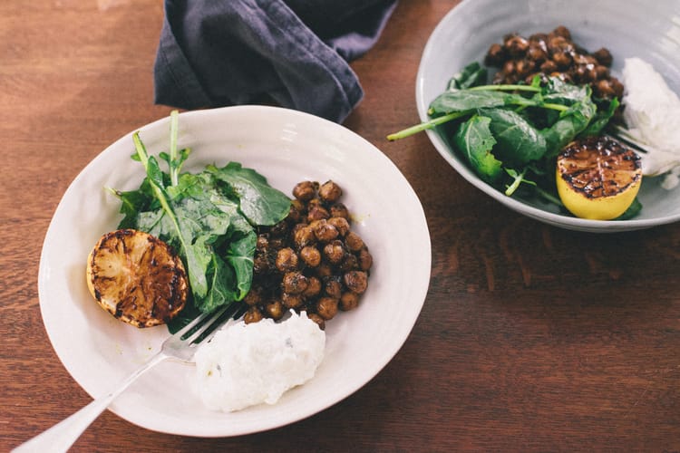 Turmeric chickpeas, kale, garlic yoghurt & burnt lemon. From the ducksoup cookbook. (c) Leonie Wise