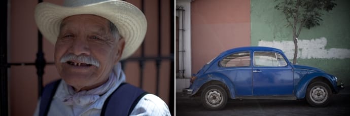 diptych of a man smiling and a vw beetle. copyright leonie wise